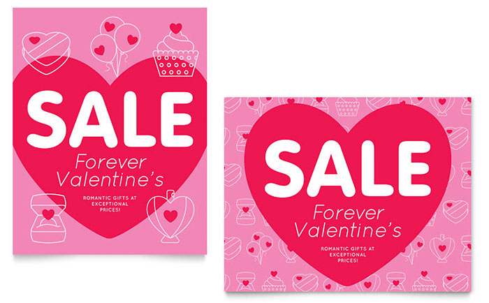 Valentine's Day Sale Poster Template Design for InDesign, Illustrator, Word, Publisher, Pages